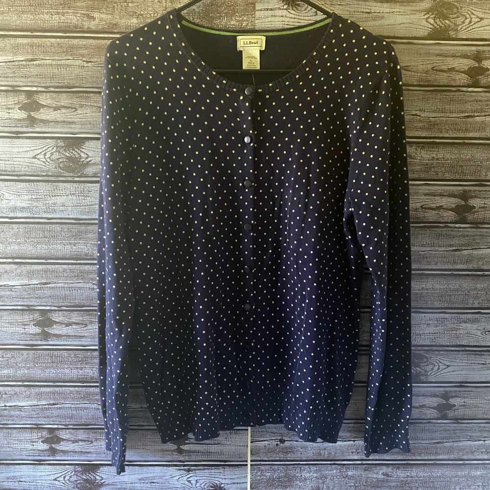 LL Bean Women's Long-Sleeved Button-Down Sweater Size XL Blue Polka-Dot NWOT
